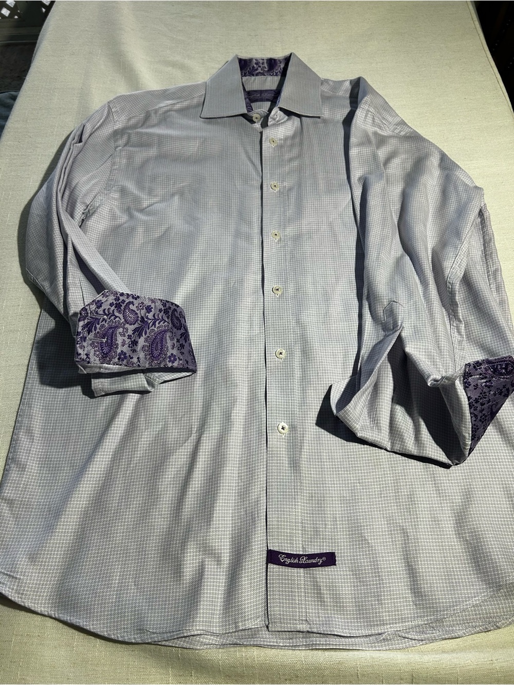 English Laundry Long Sleeve Shirt Flip Cuff Grey Purple Paisley Trim Men’s